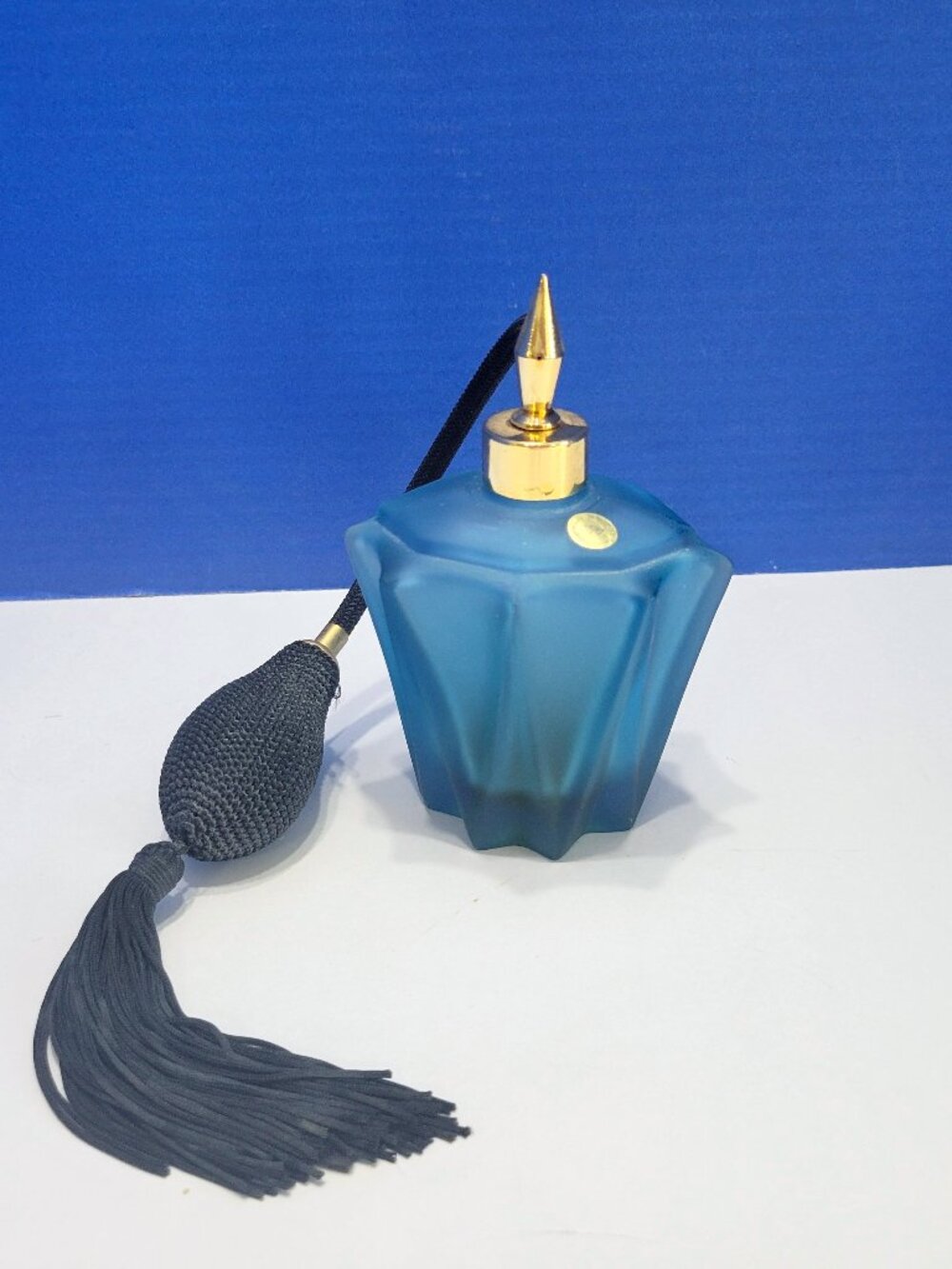 Vintage Blue Satin Crystal Perfume Bottle with Fringe Atomizer Empty